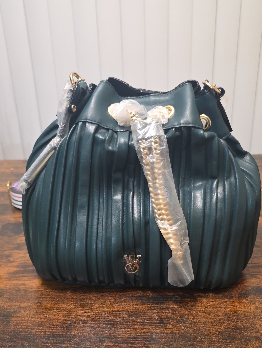 Victoria's Secret Dark Green Pleated Drawstring Shoulder Bag with Gold Chain
